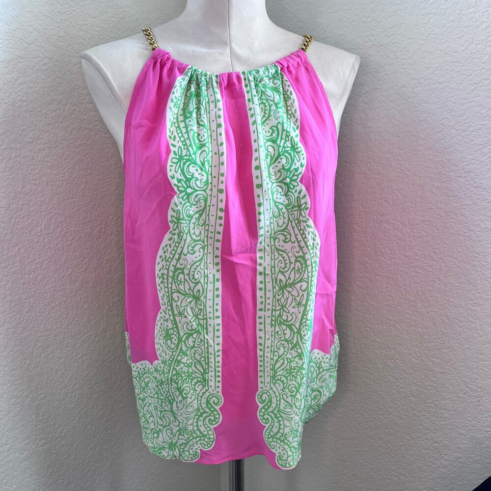Lilly Pulitzer Riviera pink green gold chain blouse women small top 100 silk
